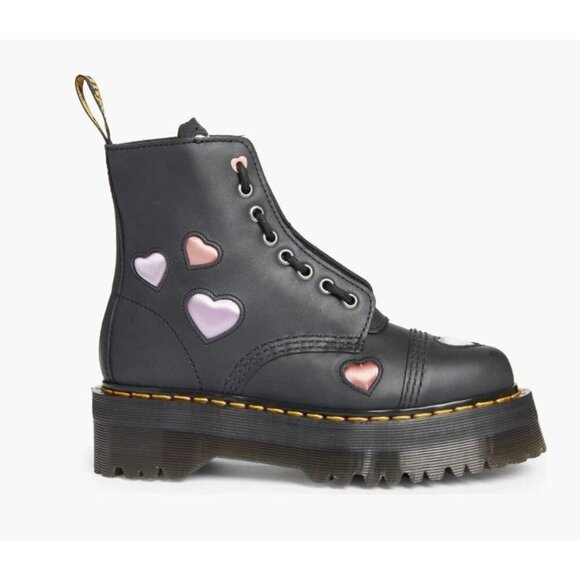 Dr. Martens Shoes - NEW! Dr Martens Women's Sinclair Hearts Platform Boots Black Satin Lux Size 5